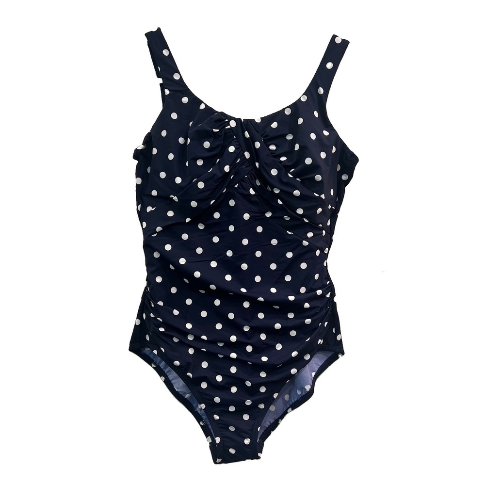Lands End Swim Classic Bathing Suit 10 Polka Dot Xtra Life Lycra Navy Blue NEW